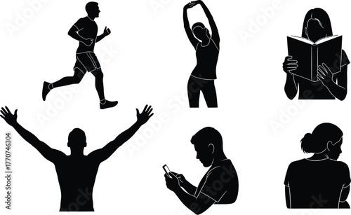 Diverse silhouettes of people engaged in activities like running, stretching, reading, and using technology.