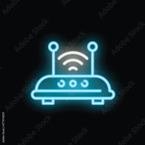 Neon router icon glowing on dark background, concept of wireless network, internet communication and digital technology
