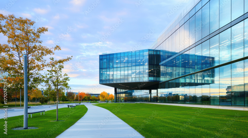Obraz premium Modern architecture glass building landscaped area green grass autumn trees pathway outdoor space contemporary design urban environment blue sky