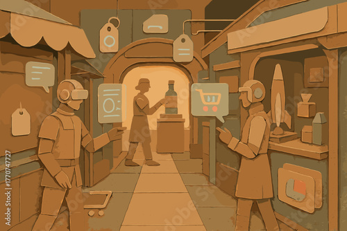 Bazaar scene punctuation futuristic advanced holographic humans vector no icon interactive cyrillic