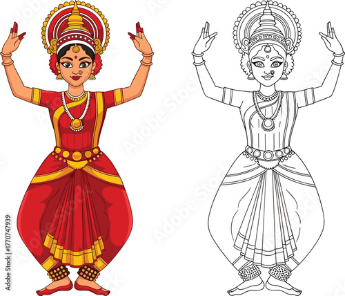 Bharatanatyam dancer, Indian classical pose, traditional costume, cultural art, dance illustration, mudra gesture, coloring page, festive attire, graceful movement, heritage icon