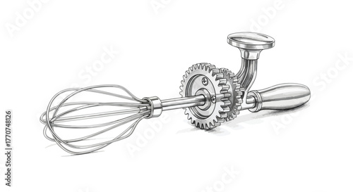 Detailed hand crank egg beater, kitchen utensil, pencil drawing