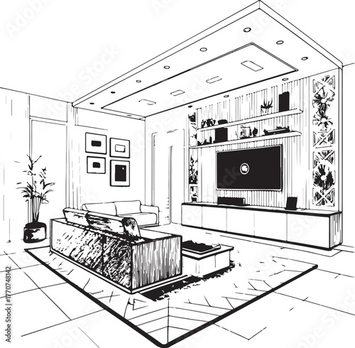 Black and white sketch of a spacious living room with a sectional sofa entertainment unit and artwork Keywords: living room, interior, sketch, drawing, black and white, outline, line art, modern