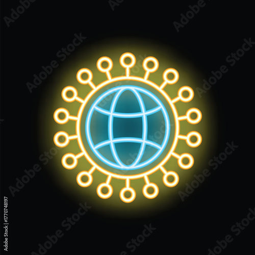 Neon glowing icon of a coronavirus surrounding earth, representing the concept of a pandemic