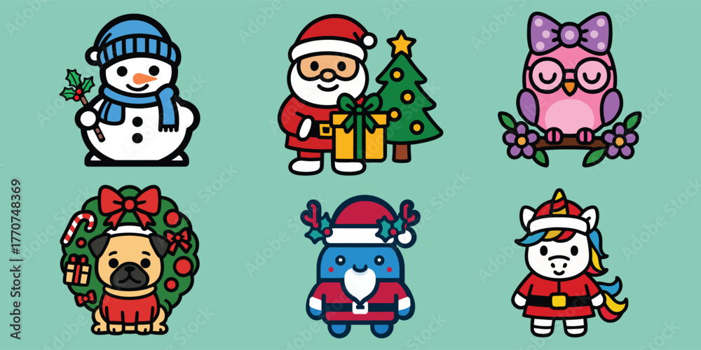 Fototapeta premium Cute Christmas Character Icon Set Flat Vector
