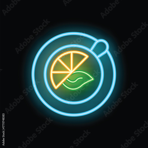 Vibrant neon sign illuminating a cup containing a teabag and a lemon slice, perfect for tea shops or cafes