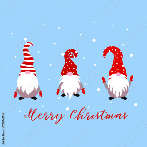 Funny Christmas gnomes in red hats and gloves with snow and Merry Christmas lettering on blue background. Perfect for holiday cards, posters, wrapping paper, and festive designs.