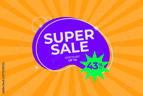 Discount up to 43% off Super sale. Forty three percent off promotion. Super sale business banner on rays orange background. Vector illustration.