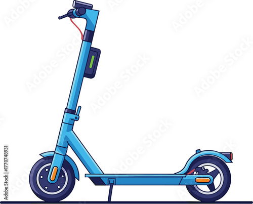 A bright blue electric scooter with black wheels and handlebars, standing upright on a thin black line