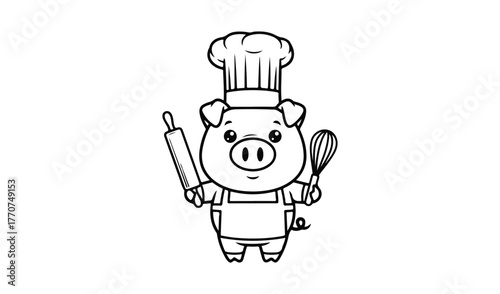 Cute pig chef holding rolling pin and whisk ready to bake