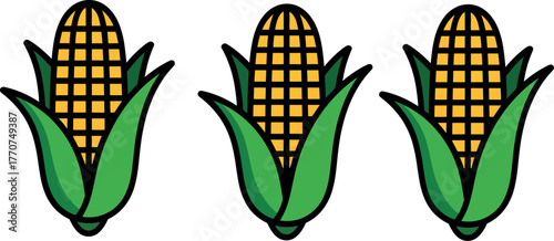 Three cartoon corncobs are displayed in a row with green leaves surrounding them.