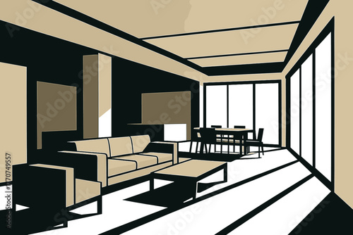 Professional minimal floor vector open plan modern geometric wide minimalism tones interior