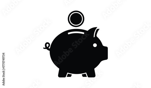 Black silhouette of a piggy bank with a coin dropping in
