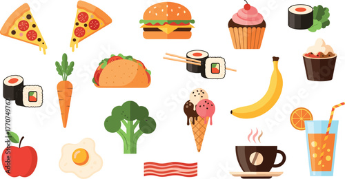 Cartoon food icons: pizza, burger, sushi, cupcakes, and more on transparent background