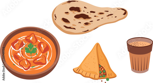 Illustration of indian cuisine: paneer butter masala, naan, samosa, and masala chai on transparent background