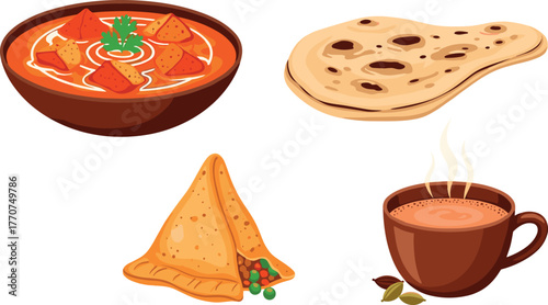 Assortment of indian food: paneer butter masala, naan, samosa, and masala chai on transparent background