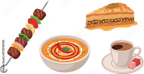 Assortment of middle eastern dishes: kebab, soup, baklava, and coffee on transparent background