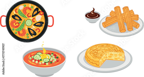 Illustration of four spanish dishes: paella, gazpacho, tortilla española, and churros with chocolate on transparent background
