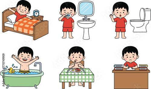 Cartoon child daily routine, waking up, brushing teeth, toilet use, bathing, eating food, studying, hygiene and education vector illustration