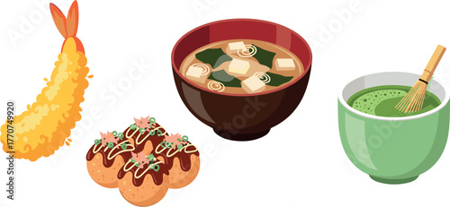 Japanese cuisine: tempura shrimp, takoyaki, miso soup, and matcha tea on transparent background