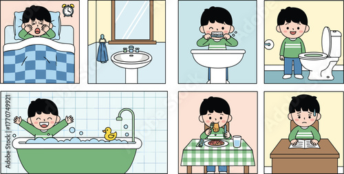 Cartoon child daily routine, morning to evening activities, hygiene habits, study time, eating meal, bathroom visit, vector illustration, flat design, educational concept, healthy lifestyle