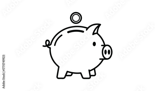 Simple line drawing of a piggy bank with a coin dropping in