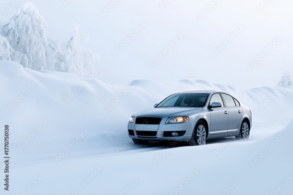 Naklejka premium Silver sedan driving through snowy winter landscape with frosty trees