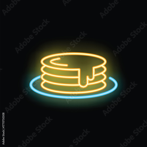 Glowing neon sign showing stacked pancakes dripping with syrup on a plate