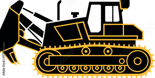 A black and yellow bulldozer with tracks and a large blade is depicted in a graphic illustration.