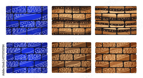 Vector  six patterned brick walls in blue and brown hues arranged in a grid formation design style