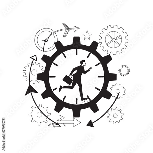 Black silhouette man with briefcase running inside a large gear clock surrounded by smaller gears and arrows