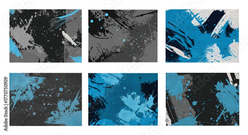 Vector  six rectangular panels displaying abstract brushstroke designs in shades of blue and gray tones