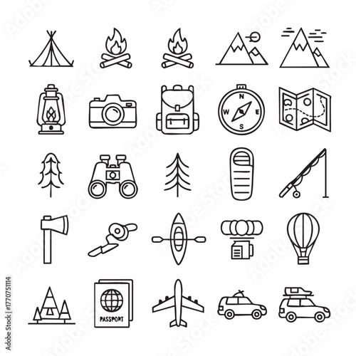 Black and White Travel and Adventure Icon Set Vector Illustration