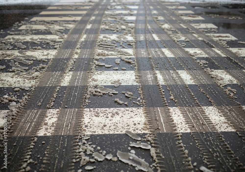 Fototapeta premium Slush on city crosswalk with tire tracks on wet winter road close up ground level photo
