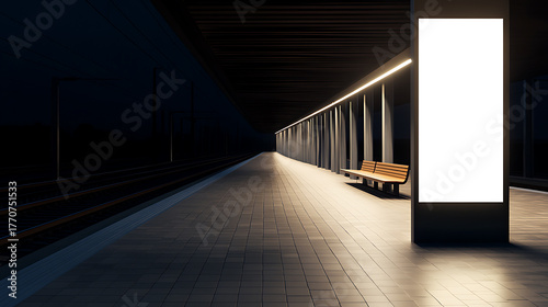 Fototapeta Naklejka Na Ścianę i Meble -  A modern, minimalist subway station platform featuring sleek lighting, a wooden bench, and a blank advertising space. It offers a serene, urban atmosphere at night.