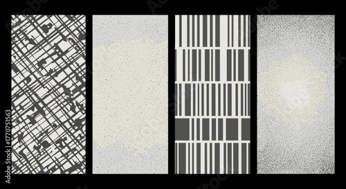Vector  four textured panels featuring diagonal lines, speckled pattern, vertical bars, and glitter effect