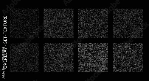Vector  collection of eight rectangular textures with varying densities of small dots and lines on dark surface