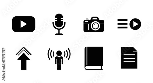 Vector  illustration of media player, microphone, camera, playlist, upload, signal, book, document