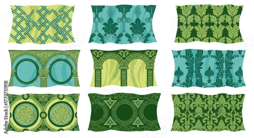 Vector  assorted patterned fabric swatches in shades of green and teal arranged in a nine panel grid