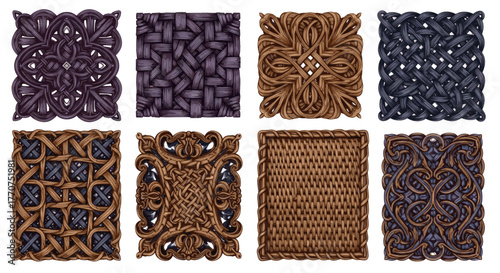 Vector  collection of eight intricately woven rectangular patterns in varying colors and designs