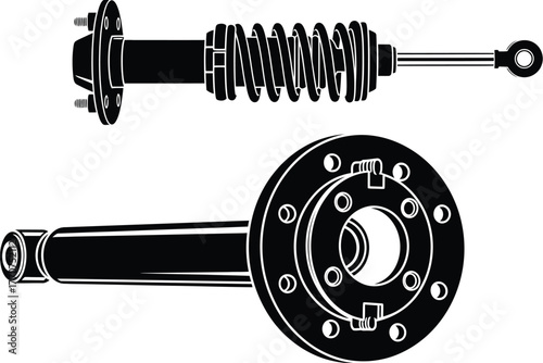 Detailed illustration of automotive suspension components, showcasing a shock absorber and a wheel hub assembly.
