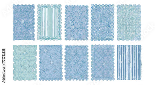 Vector  collection of ten rectangular patterned mats with scalloped edges in varying shades of light blue