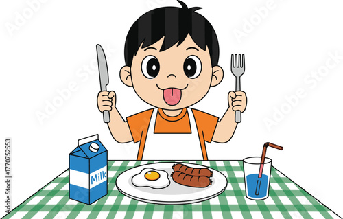 Cartoon child, breakfast time, happy eating, fork and knife, table setting, milk carton, egg and sausage, mealtime joy, vector art