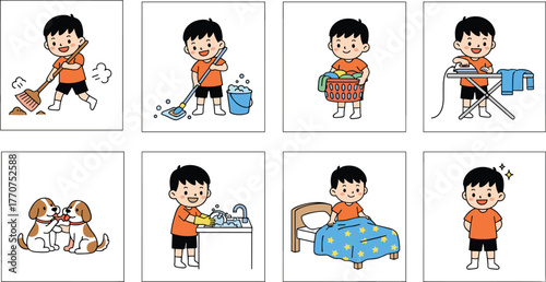 Cartoon child, household chores, daily routine, cleaning, laundry, ironing, washing dishes, pet care, making bed, self-care, vector illustration