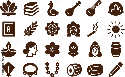 Collection of indian cultural symbols and icons for festivals and traditions including lotus flower diya music and more