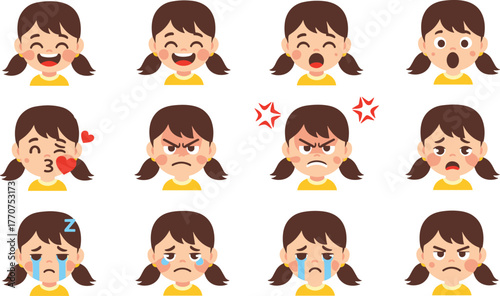 Cartoon girl emotions, facial expressions set, happy, sad, angry, crying, laughing, frustrated, sleepy, surprised, vector character illustration