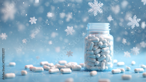 White pills in a jar with snowflakes falling on a blue background