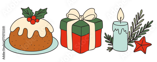 Hand-drawn Christmas illustration set featuring a festive holiday cake with icing and holly, a wrapped gift box with a bow, and a burning candle decorated with greenery and a red star ornament