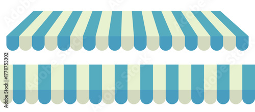 Striped Blue and Beige Shop Awnings with Scalloped Edges. Stripe canopy for store or market isolated on transparent background. 