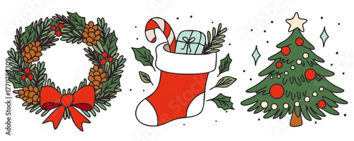 Hand-drawn Christmas illustration set featuring a festive wreath with pinecones and berries, a holiday stocking filled with gifts and candy cane, and a decorated Christmas tree with ornaments, in a cu